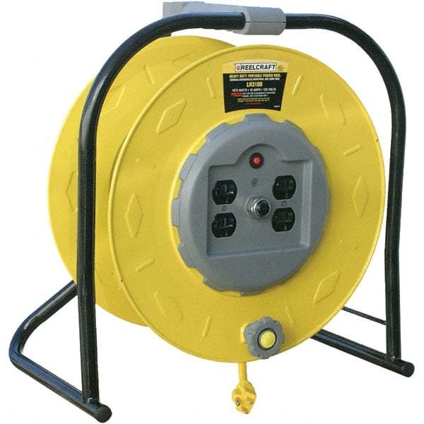 Reelcraft - 10 AWG, 100' Cable Length, Cord & Cable Reel with Quad Outlet End - 4 Outlets, 15 Amps, 125 Volts, STW Cable, Yellow Reel, Hand Crank Reel - Americas Industrial Supply
