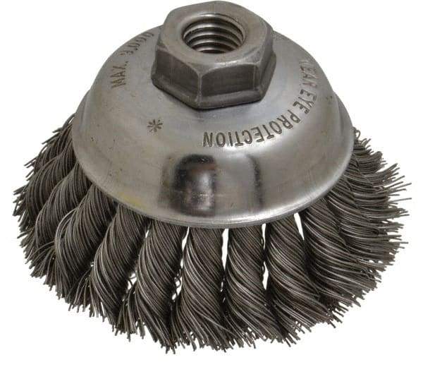 Anderson - 3-1/2" Diam, 5/8-11 Threaded Arbor, Steel Fill Cup Brush - 0.02 Wire Diam, 1-1/4" Trim Length, 9,000 Max RPM - Americas Industrial Supply