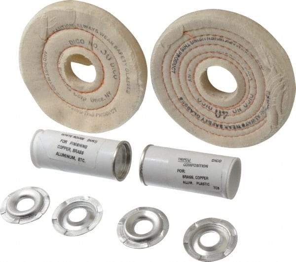 Dico - 4" Diam Cushion Sewn, Spiral Sewn Buffing Wheel Set - 1/2 - 1" Arbor Hole, Tripoli - Americas Industrial Supply