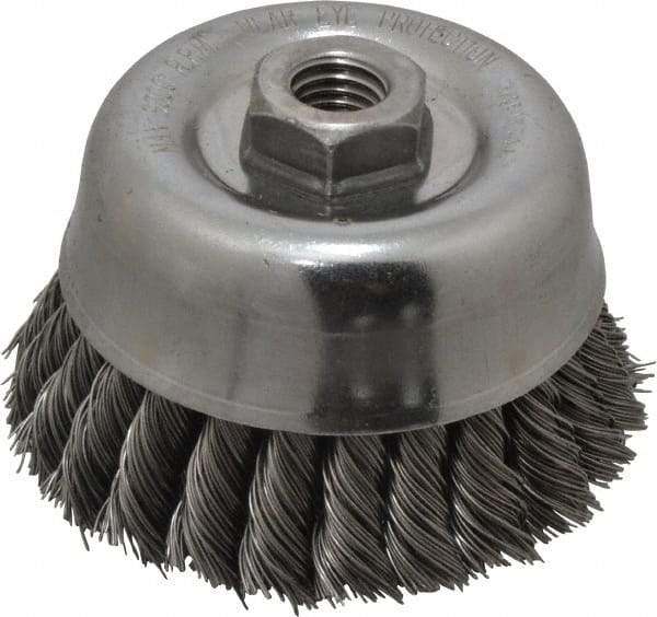 Anderson - 4" Diam, 5/8-11 Threaded Arbor, Steel Fill Cup Brush - 0.02 Wire Diam, 1-1/4" Trim Length, 9,000 Max RPM - Americas Industrial Supply