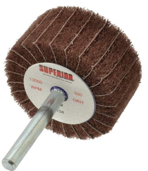 Superior Abrasives - 2" Diam x 1" Face Width, Extra Fine Aluminum Oxide Nonwoven & Coated Mounted Flap Wheel - 1/4" Shank Mount, 320 Grit, Interleaf, Cloth Backing, 12,000 Max RPM - Americas Industrial Supply