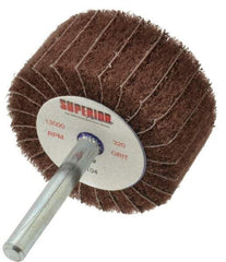 Superior Abrasives - 2" Diam x 1" Face Width, Extra Fine Aluminum Oxide Nonwoven & Coated Mounted Flap Wheel - 1/4" Shank Mount, 320 Grit, Interleaf, Cloth Backing, 12,000 Max RPM - Americas Industrial Supply