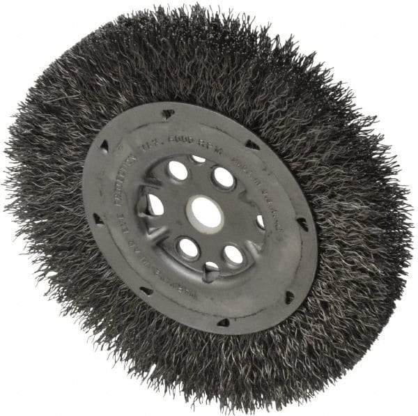 Anderson - 6" OD, 5/8" Arbor Hole, Crimped Steel Wheel Brush - 3/4" Face Width, 1-1/8" Trim Length, 0.014" Filament Diam, 6,000 RPM - Americas Industrial Supply