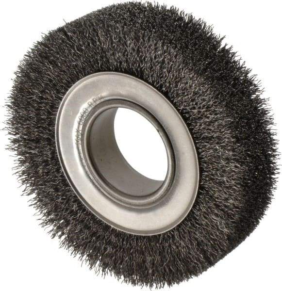 Anderson - 6" OD, 2" Arbor Hole, Crimped Steel Wheel Brush - 1-1/2" Face Width, 1-1/8" Trim Length, 0.014" Filament Diam, 6,000 RPM - Americas Industrial Supply