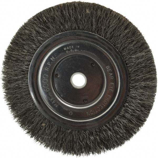 Anderson - 6" OD, 5/8" Arbor Hole, Crimped Steel Wheel Brush - 1/2" Face Width, 1-1/16" Trim Length, 0.008" Filament Diam, 6,000 RPM - Americas Industrial Supply