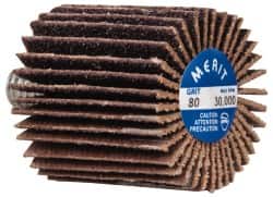 Merit Abrasives - 1" Diam x 1" Face Width, Medium Ceramic Alumina Coated Mounted Flap Wheel - 1/4-20 Threaded Mount, 80 Grit, Cloth Backing, 30,000 Max RPM - Americas Industrial Supply