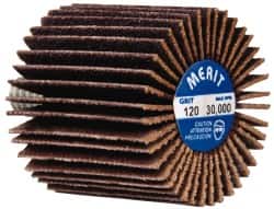 Merit Abrasives - 1" Diam x 1" Face Width, Fine Ceramic Alumina Coated Mounted Flap Wheel - 1/4-20 Threaded Mount, 120 Grit, Cloth Backing, 30,000 Max RPM - Americas Industrial Supply