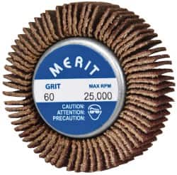 Merit Abrasives - 1-5/8" Diam x 1/2" Face Width, Medium Ceramic Alumina Coated Mounted Flap Wheel - 1/4-20 Threaded Mount, 60 Grit, Cloth Backing, 25,000 Max RPM - Americas Industrial Supply