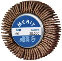 Merit Abrasives - 1-5/8" Diam x 1/2" Face Width, Medium Ceramic Alumina Coated Mounted Flap Wheel - 1/4-20 Threaded Mount, 60 Grit, Cloth Backing, 25,000 Max RPM - Americas Industrial Supply