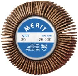 Merit Abrasives - 1-5/8" Diam x 1/2" Face Width, Medium Ceramic Alumina Coated Mounted Flap Wheel - 1/4-20 Threaded Mount, 80 Grit, Cloth Backing, 25,000 Max RPM - Americas Industrial Supply