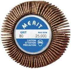 Merit Abrasives - 1-5/8" Diam x 1/2" Face Width, Medium Ceramic Alumina Coated Mounted Flap Wheel - 1/4-20 Threaded Mount, 80 Grit, Cloth Backing, 25,000 Max RPM - Americas Industrial Supply