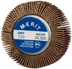 Merit Abrasives - 1-5/8" Diam x 1/2" Face Width, Fine Ceramic Alumina Coated Mounted Flap Wheel - 1/4-20 Threaded Mount, 120 Grit, Cloth Backing, 25,000 Max RPM - Americas Industrial Supply
