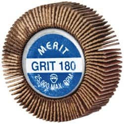 Merit Abrasives - 1-5/8" Diam x 1/2" Face Width, Very Fine Ceramic Alumina Coated Mounted Flap Wheel - 1/4-20 Threaded Mount, 180 Grit, Cloth Backing, 25,000 Max RPM - Americas Industrial Supply