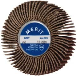 Merit Abrasives - 2" Diam x 1/2" Face Width, Medium Ceramic Alumina Coated Mounted Flap Wheel - 1/4-20 Threaded Mount, 60 Grit, Cloth Backing, 25,000 Max RPM - Americas Industrial Supply