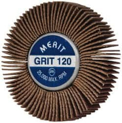 Merit Abrasives - 2" Diam x 1/2" Face Width, Fine Ceramic Alumina Coated Mounted Flap Wheel - 1/4-20 Threaded Mount, 120 Grit, Cloth Backing, 25,000 Max RPM - Americas Industrial Supply