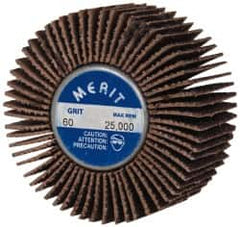 Merit Abrasives - 2" Diam x 1" Face Width, Medium Ceramic Alumina Coated Mounted Flap Wheel - 1/4-20 Threaded Mount, 60 Grit, Cloth Backing, 25,000 Max RPM - Americas Industrial Supply