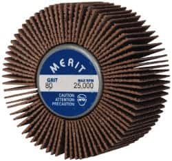 Merit Abrasives - 2" Diam x 1" Face Width, Medium Ceramic Alumina Coated Mounted Flap Wheel - 1/4-20 Threaded Mount, 80 Grit, Cloth Backing, 25,000 Max RPM - Americas Industrial Supply