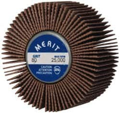 Merit Abrasives - 2" Diam x 1" Face Width, Medium Ceramic Alumina Coated Mounted Flap Wheel - 1/4-20 Threaded Mount, 80 Grit, Cloth Backing, 25,000 Max RPM - Americas Industrial Supply