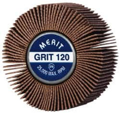 Merit Abrasives - 2" Diam x 1" Face Width, Fine Ceramic Alumina Coated Mounted Flap Wheel - 1/4-20 Threaded Mount, 120 Grit, Cloth Backing, 25,000 Max RPM - Americas Industrial Supply