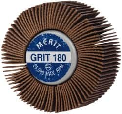 Merit Abrasives - 2" Diam x 1" Face Width, Very Fine Ceramic Alumina Coated Mounted Flap Wheel - 1/4-20 Threaded Mount, 180 Grit, Cloth Backing, 25,000 Max RPM - Americas Industrial Supply