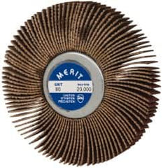 Merit Abrasives - 3" Diam x 1/2" Face Width, Medium Ceramic Alumina Coated Mounted Flap Wheel - 1/4-20 Threaded Mount, 80 Grit, Cloth Backing, 20,000 Max RPM - Americas Industrial Supply
