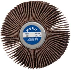 Merit Abrasives - 3" Diam x 1" Face Width, Medium Ceramic Alumina Coated Mounted Flap Wheel - 1/4-20 Threaded Mount, 60 Grit, Cloth Backing, 20,000 Max RPM - Americas Industrial Supply