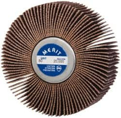 Merit Abrasives - 3" Diam x 1" Face Width, Medium Ceramic Alumina Coated Mounted Flap Wheel - 1/4-20 Threaded Mount, 80 Grit, Cloth Backing, 20,000 Max RPM - Americas Industrial Supply
