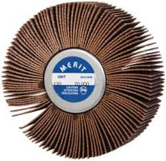 Merit Abrasives - 3" Diam x 1" Face Width, Fine Ceramic Alumina Coated Mounted Flap Wheel - 1/4-20 Threaded Mount, 120 Grit, Cloth Backing, 20,000 Max RPM - Americas Industrial Supply
