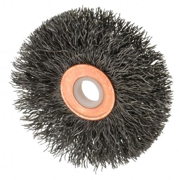 Anderson - 2-1/2" OD, 1/2" Arbor Hole, Crimped Steel Wheel Brush - 1/4" Face Width, 3/4" Trim Length, 0.0118" Filament Diam, 20,000 RPM - Americas Industrial Supply