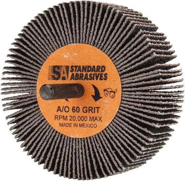 Standard Abrasives - 3" Diam x 1" Face Width, Medium Aluminum Oxide Coated Mounted Flap Wheel - 1/4" Shank Mount, 60 Grit, X Weighted Backing, 20,000 Max RPM - Americas Industrial Supply
