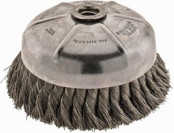 Anderson - 6" Diam, 5/8-11 Threaded Arbor, Stainless Steel Fill Cup Brush - 0.014 Wire Diam, 1-3/8" Trim Length, 6,600 Max RPM - Americas Industrial Supply