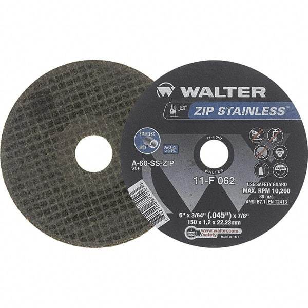 WALTER Surface Technologies - 6" Aluminum Oxide Cutoff Wheel - 3/64" Thick, 7/8" Arbor, 10,200 Max RPM, Use with Die Grinders - Americas Industrial Supply