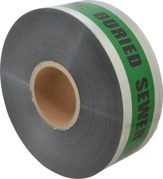 Presco - Caution: Buried Sewer Line Below, Detectable Underground Tape - 1,000 Ft. Long x 3 Inch Wide Roll, Polyethylene on Aluminum, 5 mil Thick, Green and Black - Americas Industrial Supply