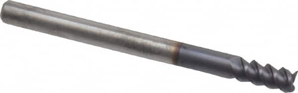 Accupro - 1/8", 1/4" LOC, 1/8" Shank Diam, 1-1/2" OAL, 3 Flute, Solid Carbide Square End Mill - Single End, AlTiN Finish, Spiral Flute, 60° Helix, Centercutting, Right Hand Cut, Right Hand Flute - Americas Industrial Supply