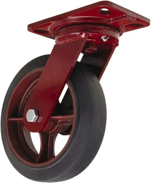 Hamilton - 8" Diam x 2" Wide x 9-3/4" OAH Top Plate Mount Swivel Caster - Rubber Mold on Cast Iron, 500 Lb Capacity, Tapered Roller Bearing, 4-1/2 x 6-1/2" Plate - Americas Industrial Supply