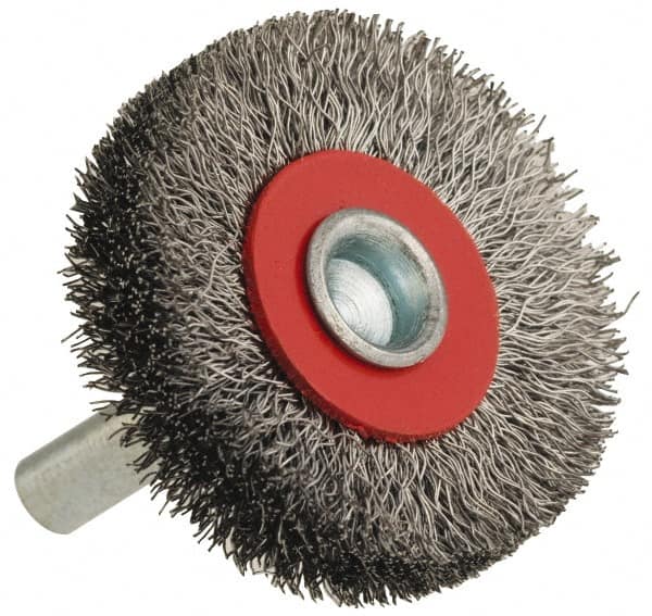 Value Collection - 2" OD, 1/4" Shank Diam, Crimped Steel Wheel Brush - 3/8" Face Width, 9/16" Trim Length, 0.015" Filament Diam, 15,000 RPM - Americas Industrial Supply