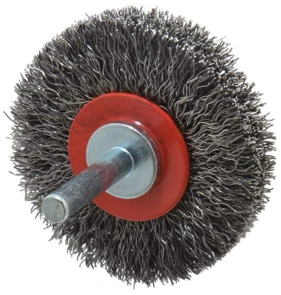 Value Collection - 2-3/8" OD, 1/4" Shank Diam, Crimped Steel Wheel Brush - 1/2" Face Width, 9/16" Trim Length, 0.015" Filament Diam, 15,000 RPM - Americas Industrial Supply