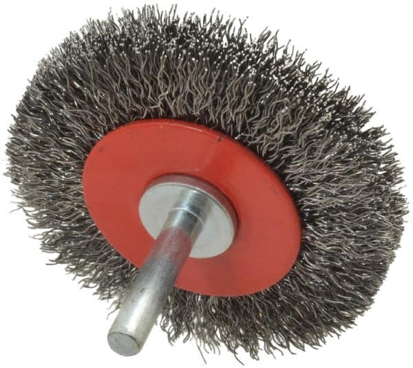 Value Collection - 2-5/8" OD, 1/4" Shank Diam, Crimped Steel Wheel Brush - 1/2" Face Width, 3/4" Trim Length, 0.015" Filament Diam, 15,000 RPM - Americas Industrial Supply