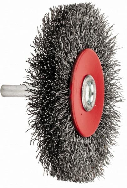 Value Collection - 3-1/16" OD, 1/4" Shank Diam, Crimped Steel Wheel Brush - 1/2" Face Width, 3/4" Trim Length, 0.015" Filament Diam, 12,000 RPM - Americas Industrial Supply