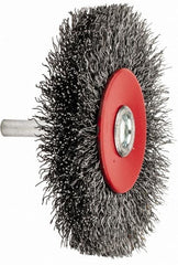 Value Collection - 3-1/16" OD, 1/4" Shank Diam, Crimped Steel Wheel Brush - 1/2" Face Width, 3/4" Trim Length, 0.015" Filament Diam, 12,000 RPM - Americas Industrial Supply