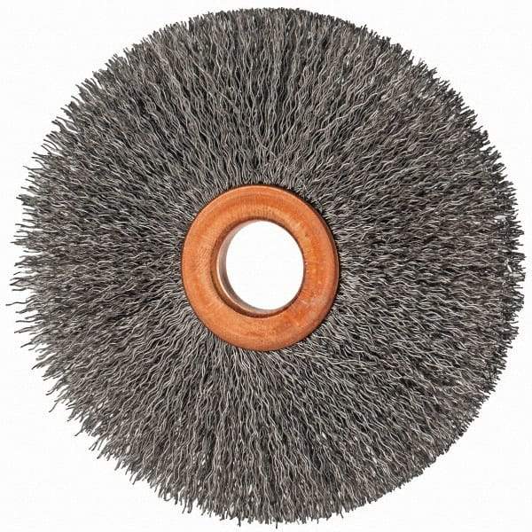 Value Collection - 3" OD, 1/2" Arbor Hole, Crimped Steel Wheel Brush - 3/8" Face Width, 1" Trim Length, 0.007" Filament Diam, 15,000 RPM - Americas Industrial Supply