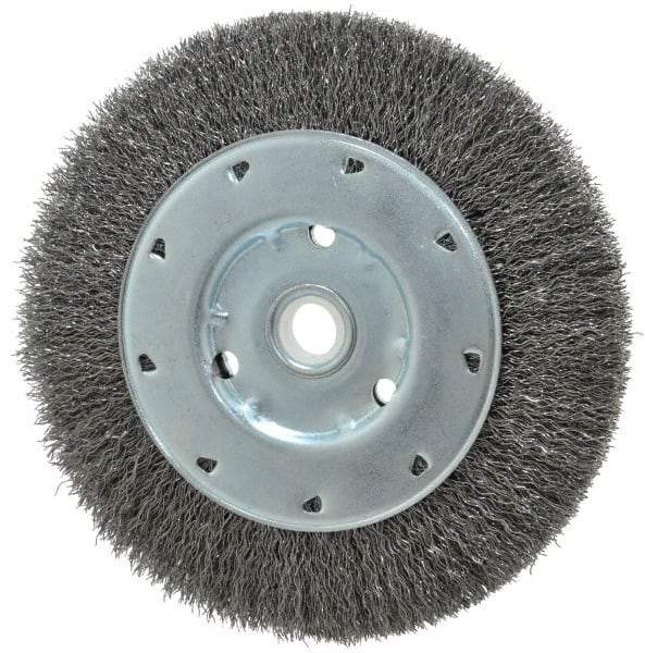 Value Collection - 6" OD, 1/2" Arbor Hole, Crimped Steel Wheel Brush - 1/2" Face Width, 1-15/64" Trim Length, 0.012" Filament Diam, 5,000 RPM - Americas Industrial Supply