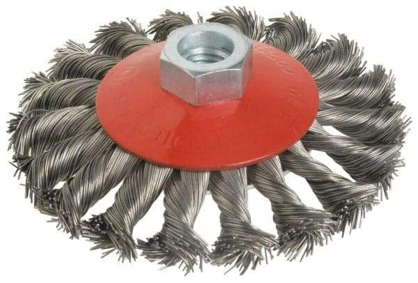 Value Collection - 4" OD, M14x2.00 Arbor Hole, Knotted Steel Wheel Brush - 1/2" Face Width, 7/8" Trim Length, 0.015" Filament Diam, 12,500 RPM - Americas Industrial Supply