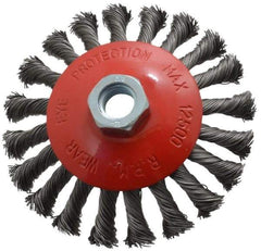 Value Collection - 4-9/16" OD, 5/8-11 Arbor Hole, Knotted Steel Wheel Brush - 9/16" Face Width, 7/8" Trim Length, 0.015" Filament Diam, 12,500 RPM - Americas Industrial Supply