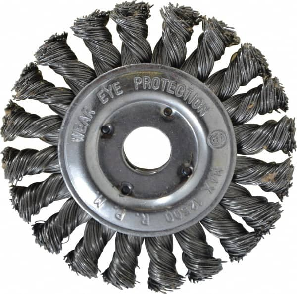 Value Collection - 4" OD, 5/8" Arbor Hole, Knotted Steel Wheel Brush - 1/2" Face Width, 3/4" Trim Length, 0.012" Filament Diam, 12,500 RPM - Americas Industrial Supply