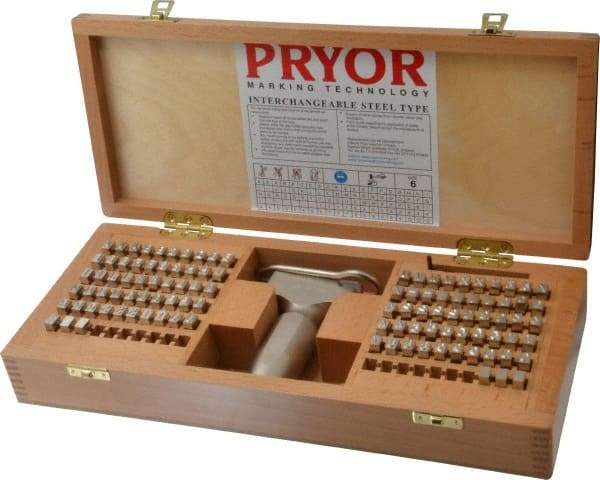 Pryor - 106 Piece, 1/4 Inch Character, Hardened Steel Type Set - 6 Character Capacity - Americas Industrial Supply