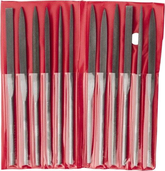 Value Collection - 12 Piece Swiss Pattern File Set - 6-1/4" Long, 2 Coarseness, Round Handle, Set Includes Barrette, Crossing, Equalling, Flat, Half Round, Knife, Round, Round Edge Joint, Slitting, Square, Three Square - Americas Industrial Supply