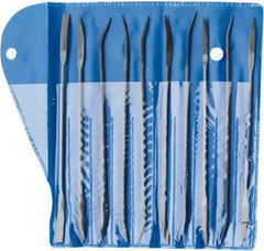 Value Collection - 10 Piece Swiss Pattern File Set - 7" Long, 2 Coarseness, Die Sinker's Handle, Set Includes Barrette, Crossing, Equalling, Flat, Half Round, Knife, Round, Round Edge Joint, Slitting, Square, Three Square - Americas Industrial Supply