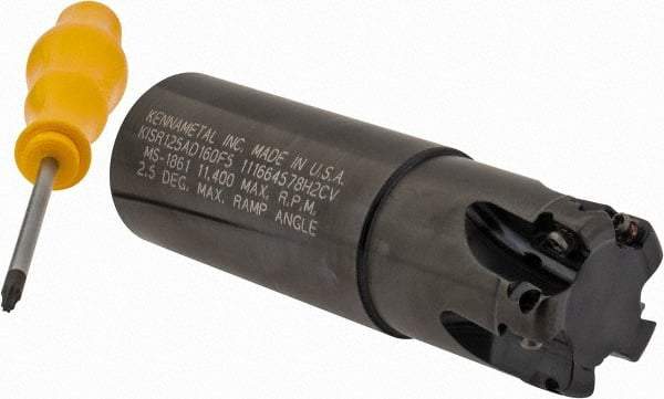 Kennametal - 1-1/4" Cut Diam, 0.357" Max Depth of Cut, 1-1/4" Shank Diam, 4" OAL, Indexable Square Shoulder End Mill - AD.T 1035 Inserts, Weldon Shank, 0° Lead Angle, Through Coolant - Americas Industrial Supply