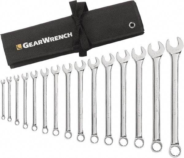 GearWrench - 15 Piece, 5/16" to 1-1/4", 12 Point Combination Wrench Set - Inch Measurement Standard, Chrome Finish, Comes in Roll - Americas Industrial Supply